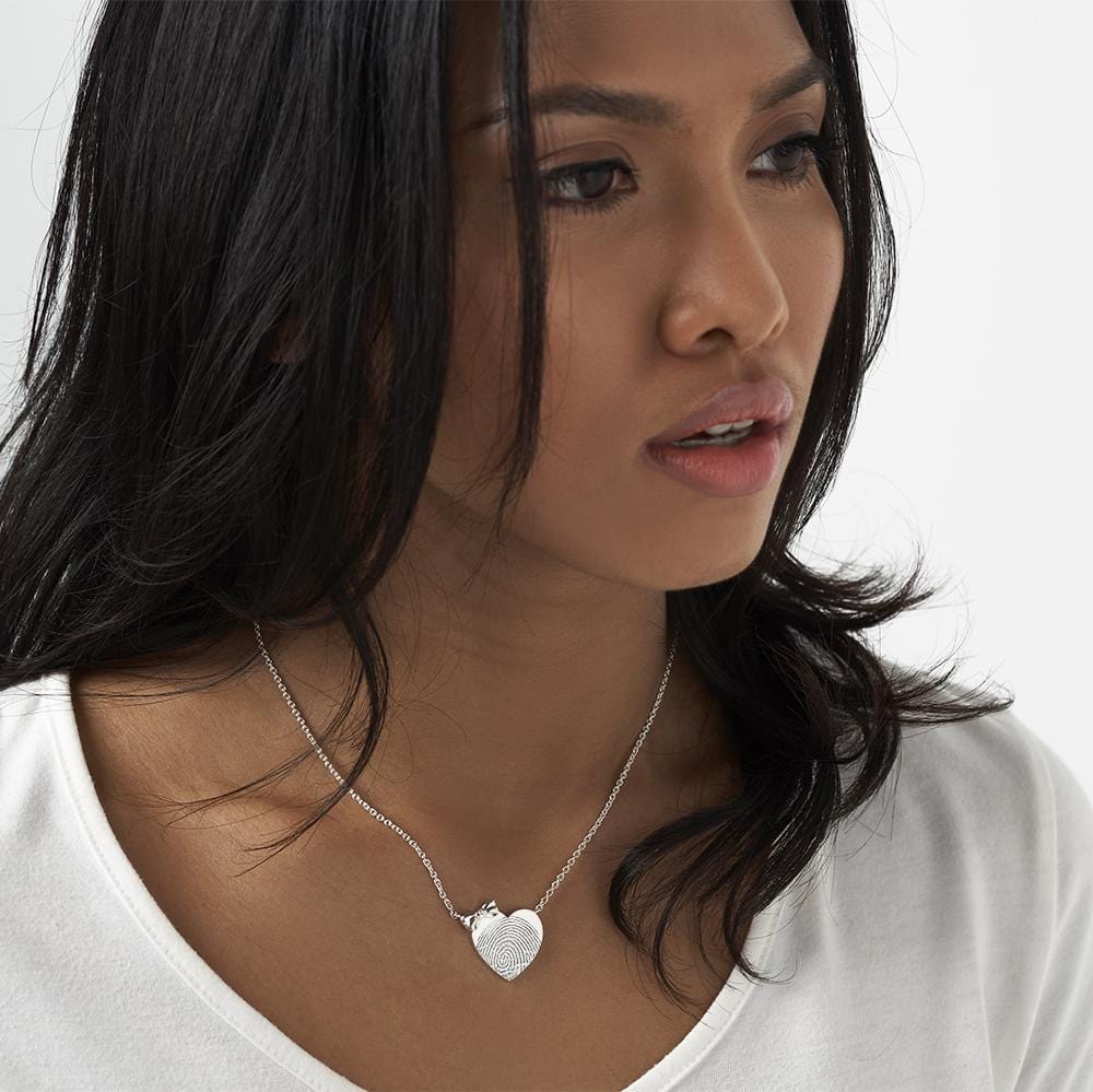 Load image into Gallery viewer, EverWith Engraved Heart and Bow Fingerprint Memorial Necklace with Fine Crystal