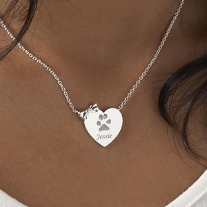 EverWith Engraved Heart and Bow Pawprint Memorial Necklace with Fine Crystal