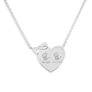 EverWith Engraved Heart and Bow Handprint or Footprint Necklace with Fine Crystal