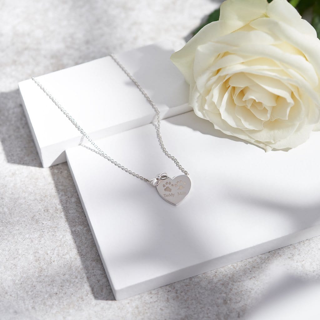 Load image into Gallery viewer, EverWith Engraved Heart and Bow Pawprint Memorial Necklace with Fine Crystal