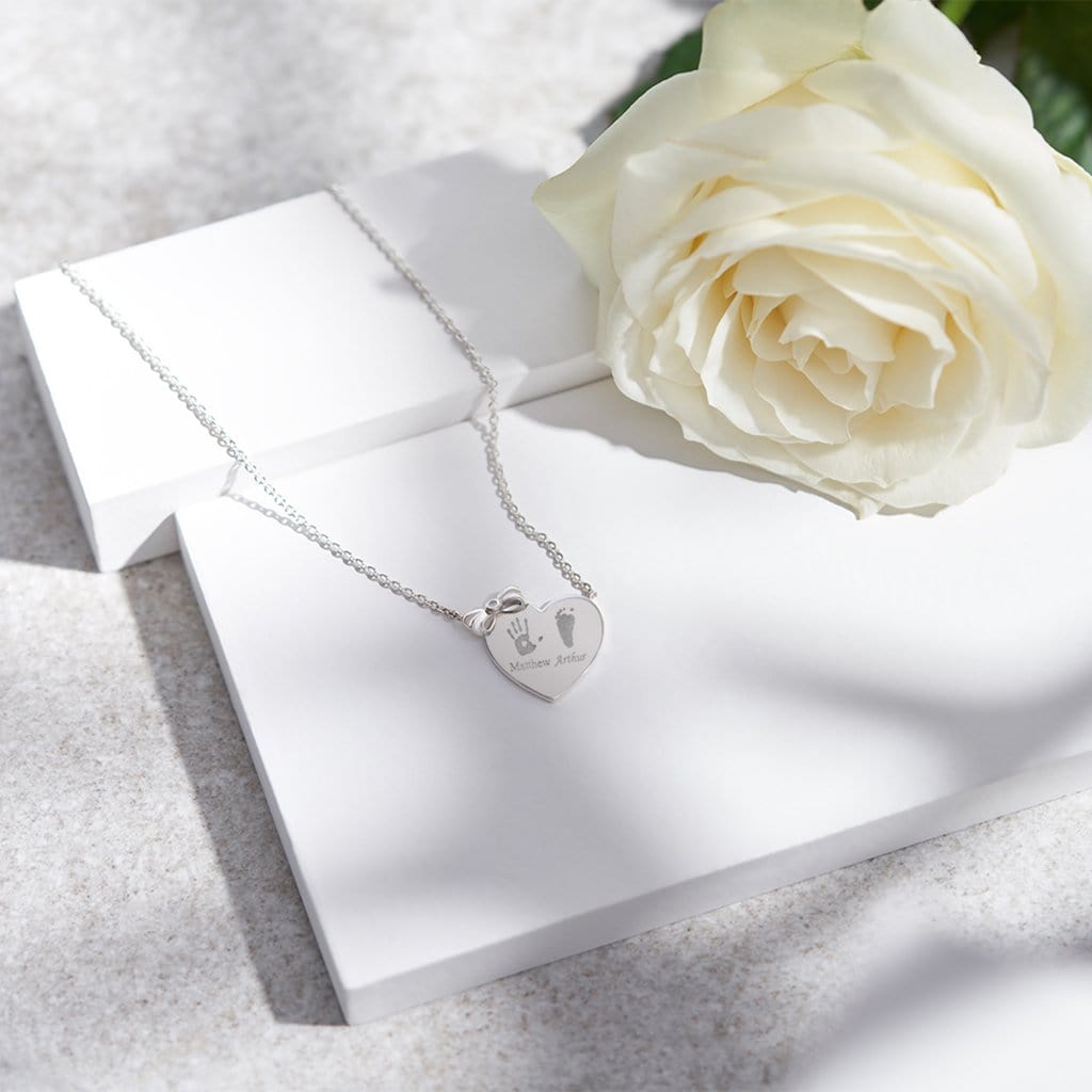 Load image into Gallery viewer, EverWith Engraved Heart and Bow Handprint or Footprint Necklace with Fine Crystal