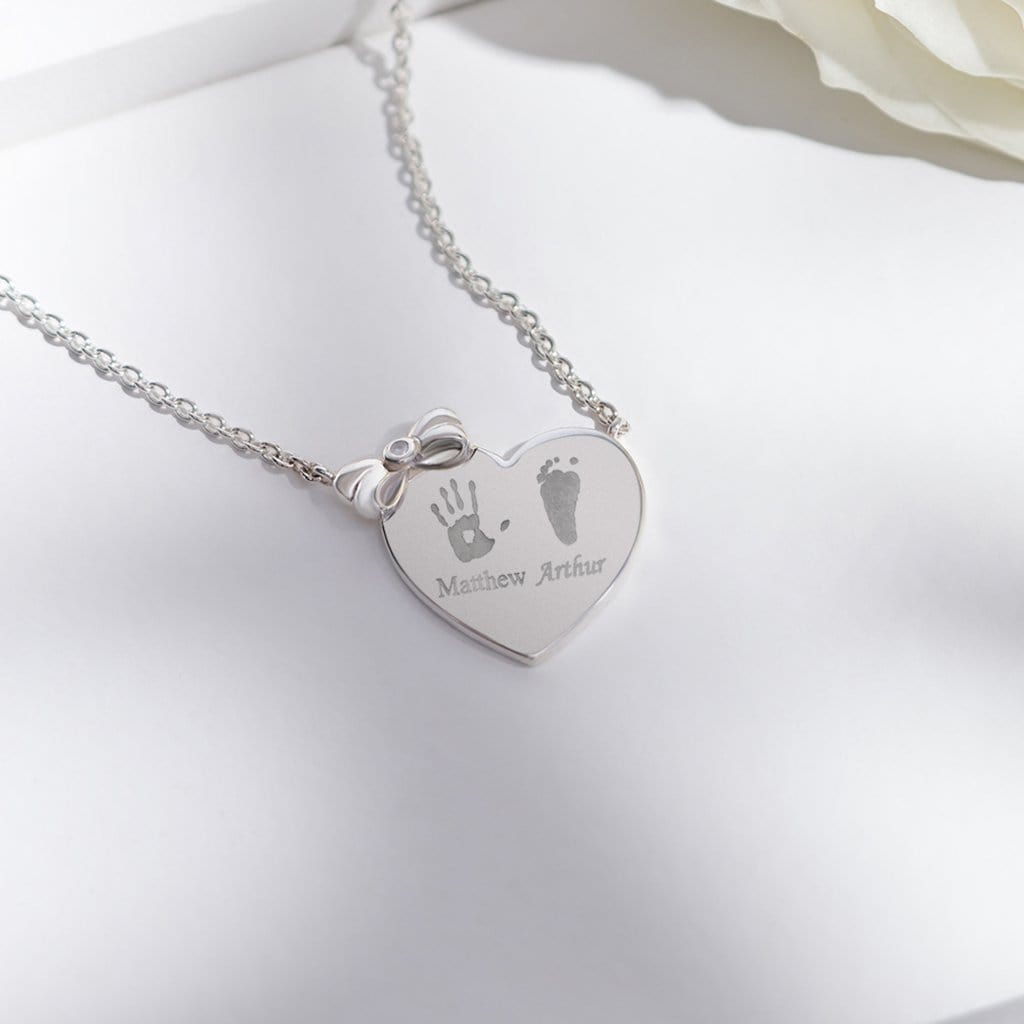 Load image into Gallery viewer, EverWith Engraved Heart and Bow Handprint or Footprint Necklace with Fine Crystal