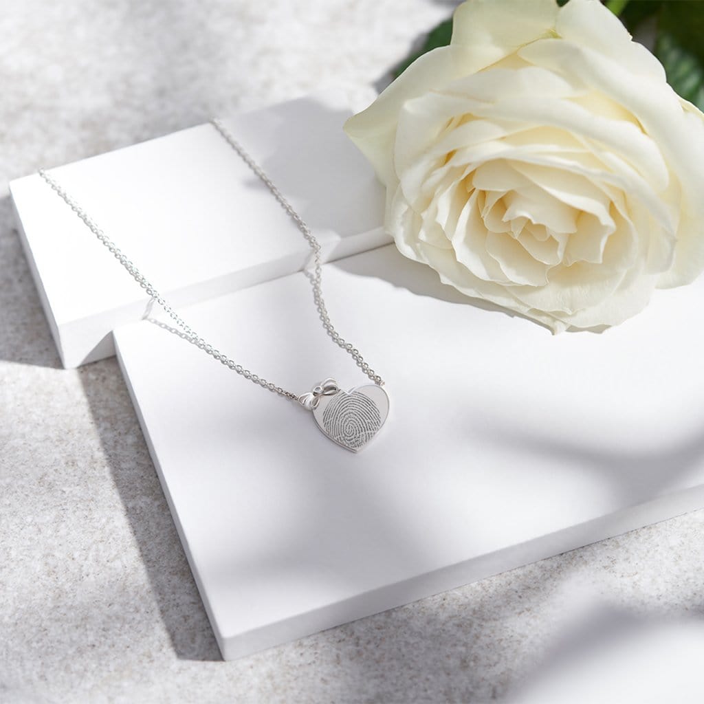 Load image into Gallery viewer, EverWith Engraved Heart and Bow Fingerprint Memorial Necklace with Fine Crystal