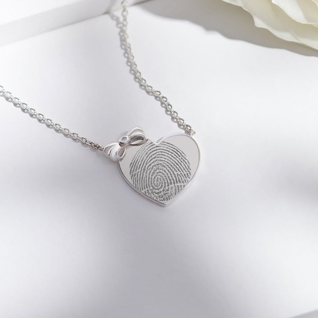 Load image into Gallery viewer, EverWith Engraved Heart and Bow Fingerprint Memorial Necklace with Fine Crystal